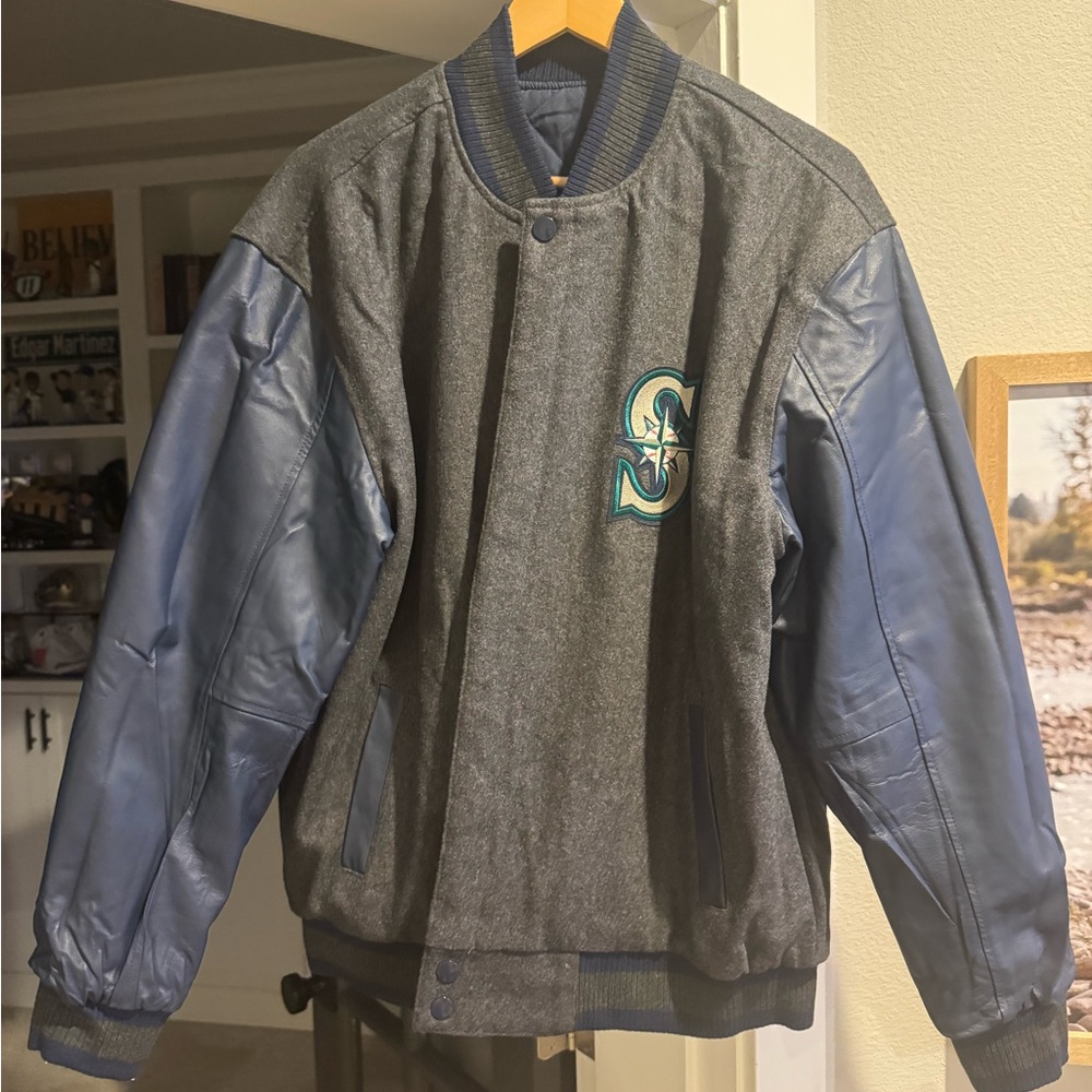 Men's Gray and Blue Seattle mariners Varsity Jacket in wool and leather